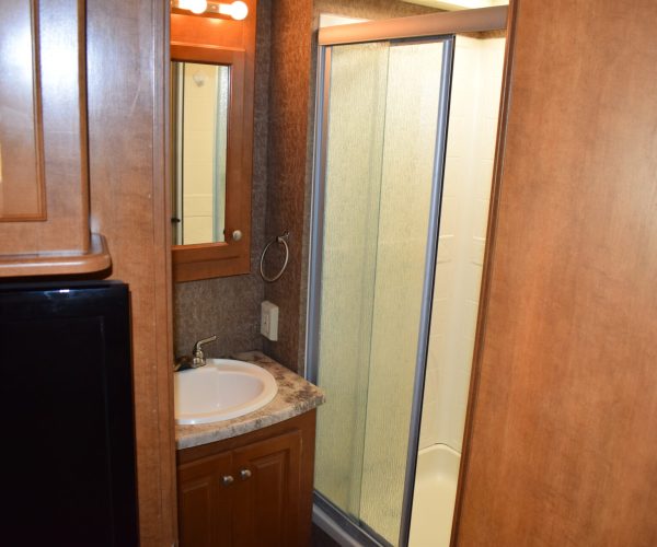 A bathroom with a sink, mirror and shower.