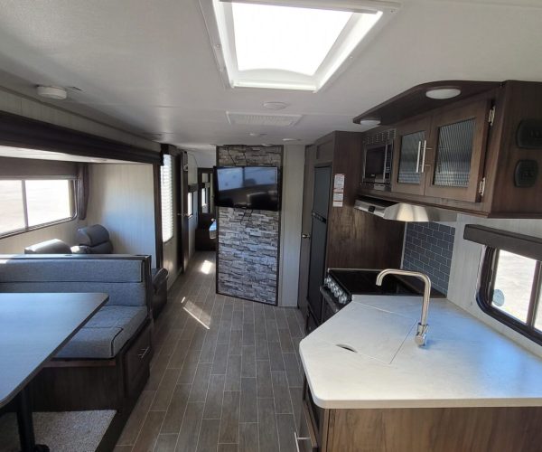 A view of the inside of a camper.