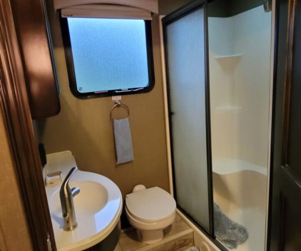 A bathroom with a toilet, sink and shower.